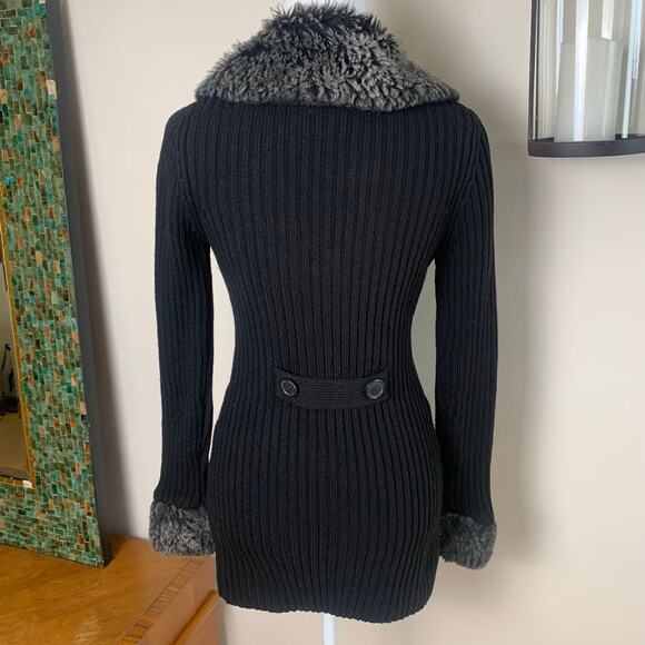 Vintage 90s Y2K Size M Faux Fur Collar Ribbed Kni Cardigan Sweater Black Winter - Picture 8 of 9